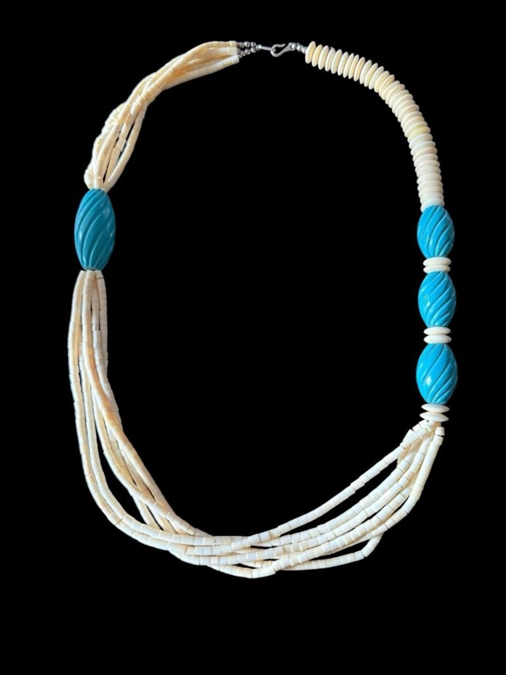 Vintage Southwestern Multi-Strand White Heishe Turquoise Fluted Bead Necklace